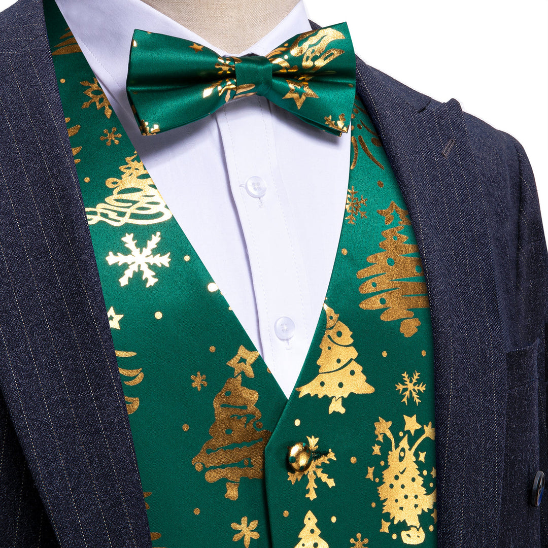 Green & Gold Christmas Tree Bow Tie Waistcoat Set vest set S (Chest 41) - Sophisticated Gentlemen