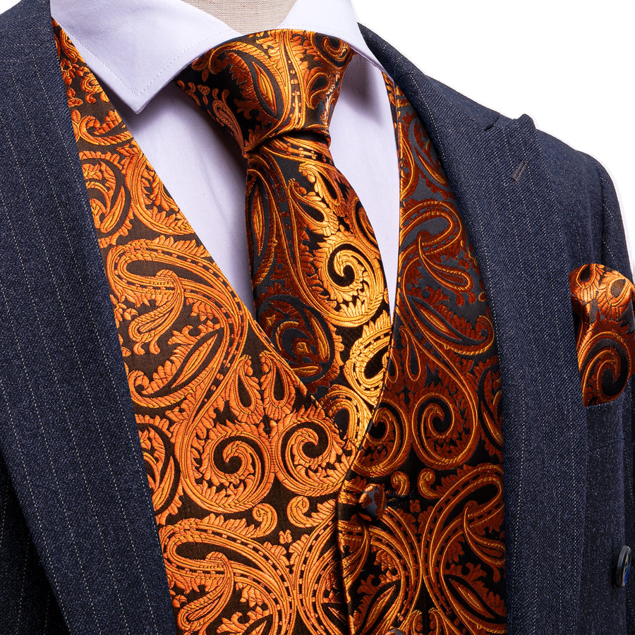 Regal Black & Gold Paisley Silk Vest Set vest set S (Chest 40") - Sophisticated Gentlemen