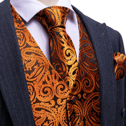 Regal Black & Gold Paisley Silk Vest Set vest set S (Chest 40") - Sophisticated Gentlemen