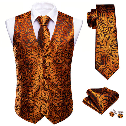 Regal Black & Gold Paisley Silk Vest Set vest set - Sophisticated Gentlemen