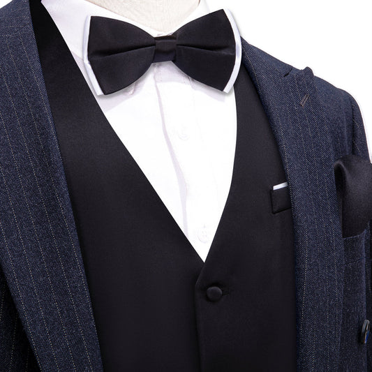 Jet Black Solid Silk Bowtie & Vest Set vest set S (Chest 40") - Sophisticated Gentlemen