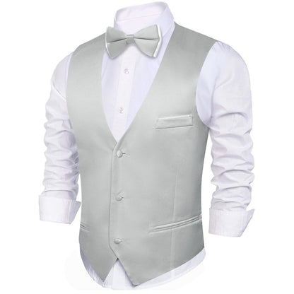 Silver Gray Solid Silk Bowtie & Vest Set vest set - Sophisticated Gentlemen