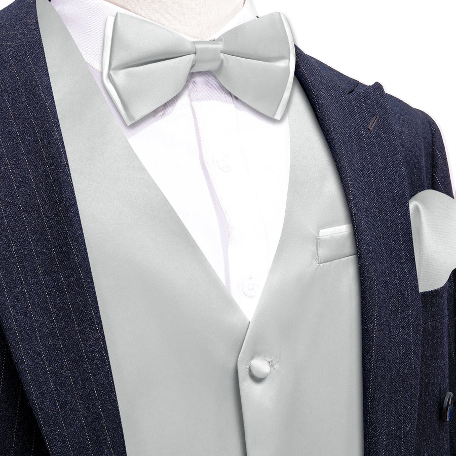 Silver Gray Solid Silk Bowtie & Vest Set vest set S (Chest 40") - Sophisticated Gentlemen