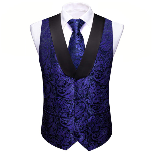 Navy Blue Paisley Vest Set with Black Collar vest set S (Chest 41)   - Sophisticated Gentlemen