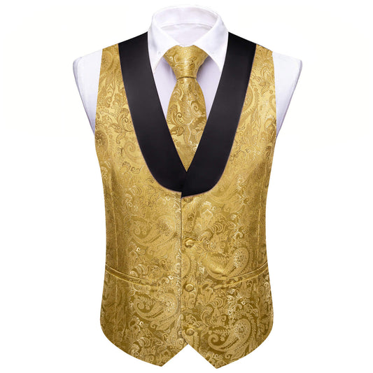 Gold Paisley Vest Set with Black Collar vest set S (Chest 41)   - Sophisticated Gentlemen