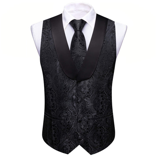 Black Paisley Vest Set with Black Collar vest set S (Chest 41)   - Sophisticated Gentlemen