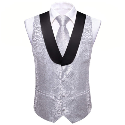 Silver Paisley Vest Set with Black Collar vest set S (Chest 41) - Sophisticated Gentlemen