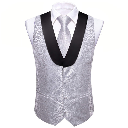 Silver Paisley Vest Set with Black Collar vest set S (Chest 41) - Sophisticated Gentlemen