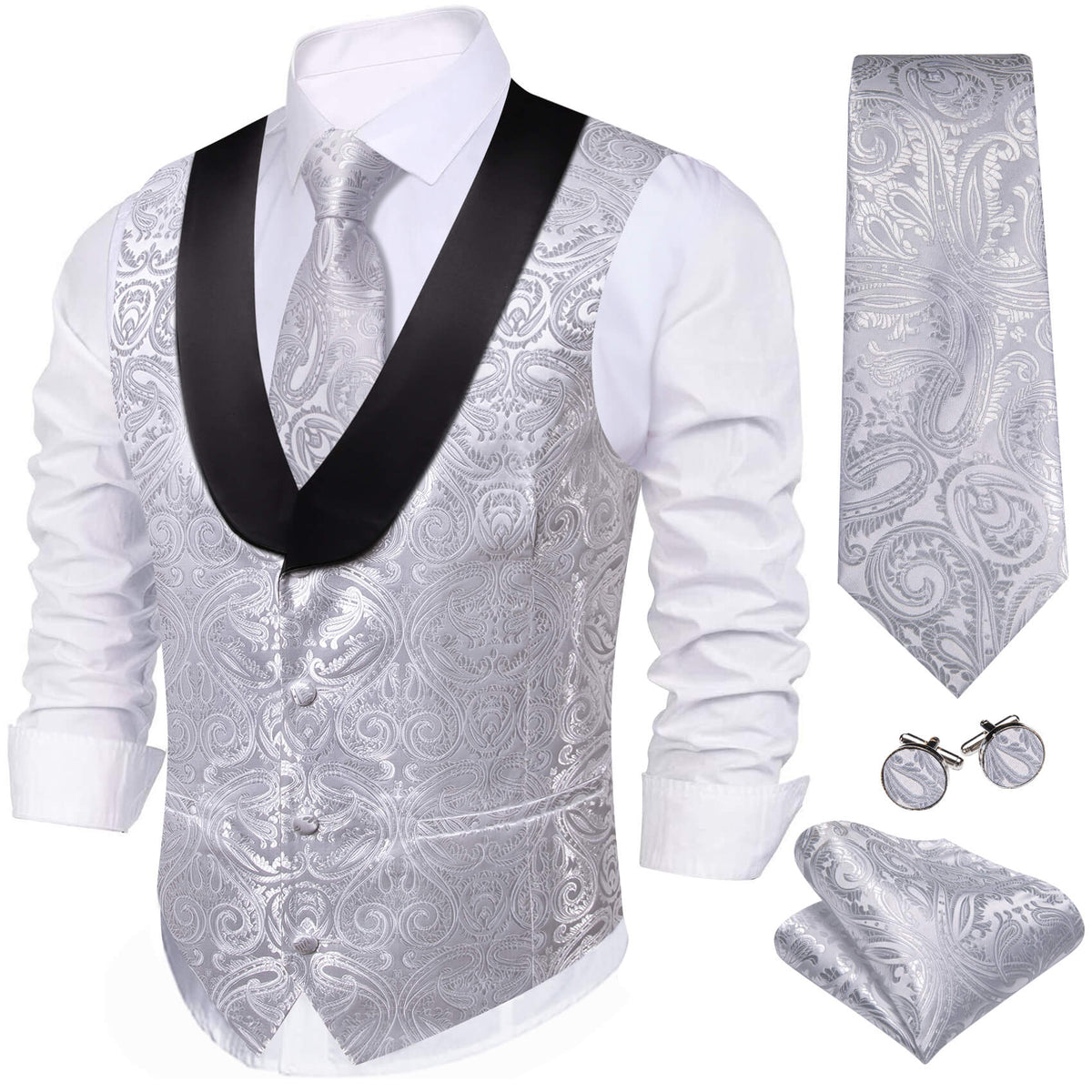Silver Paisley Vest Set with Black Collar vest set - Sophisticated Gentlemen