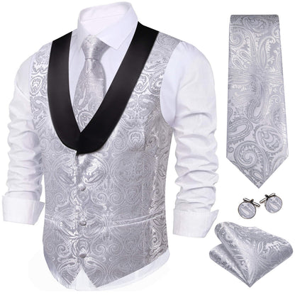 Silver Paisley Vest Set with Black Collar vest set - Sophisticated Gentlemen