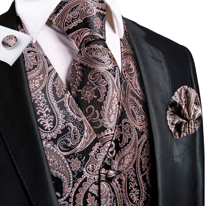 Black and Pink Paisley Silk Vest Set vest set S (Chest 40")   - Sophisticated Gentlemen