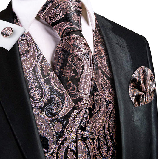 Black and Pink Paisley Silk Vest Set vest set S (Chest 40")   - Sophisticated Gentlemen