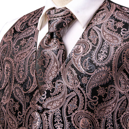 Black and Pink Paisley Silk Vest Set vest set    - Sophisticated Gentlemen
