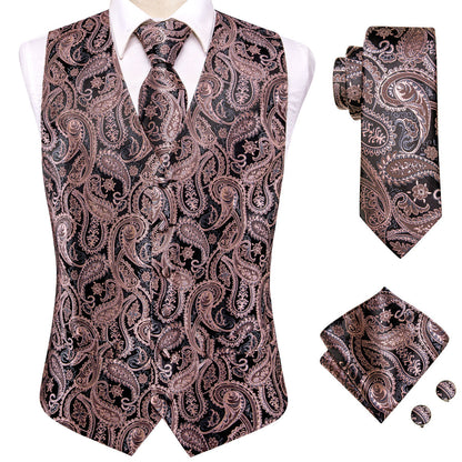 Black and Pink Paisley Silk Vest Set vest set    - Sophisticated Gentlemen
