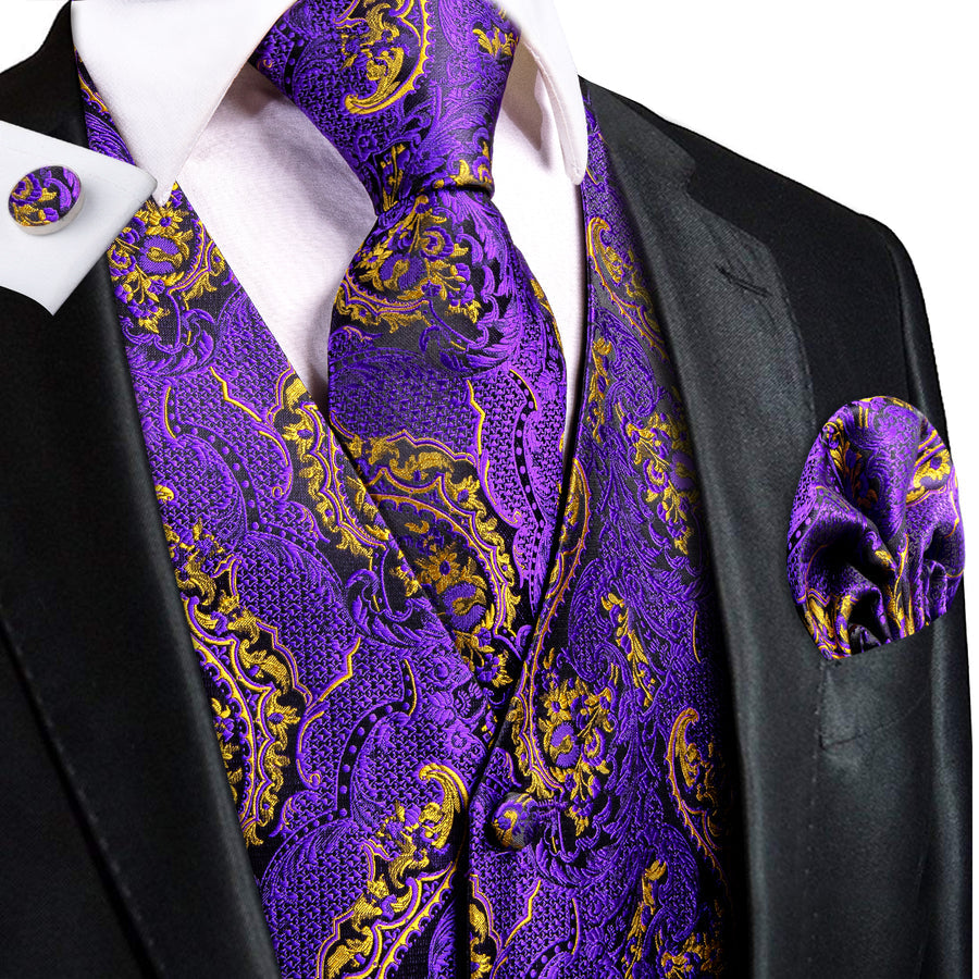 Purple and Gold Paisley Silk Vest Set vest set S (Chest 40")   - Sophisticated Gentlemen