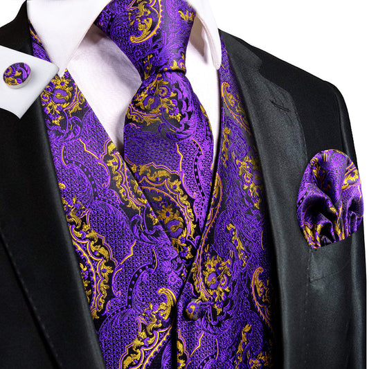 Purple and Gold Paisley Silk Vest Set vest set S (Chest 40")   - Sophisticated Gentlemen