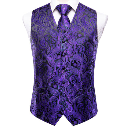 Purple and Black Paisley Silk Vest Set vest set    - Sophisticated Gentlemen