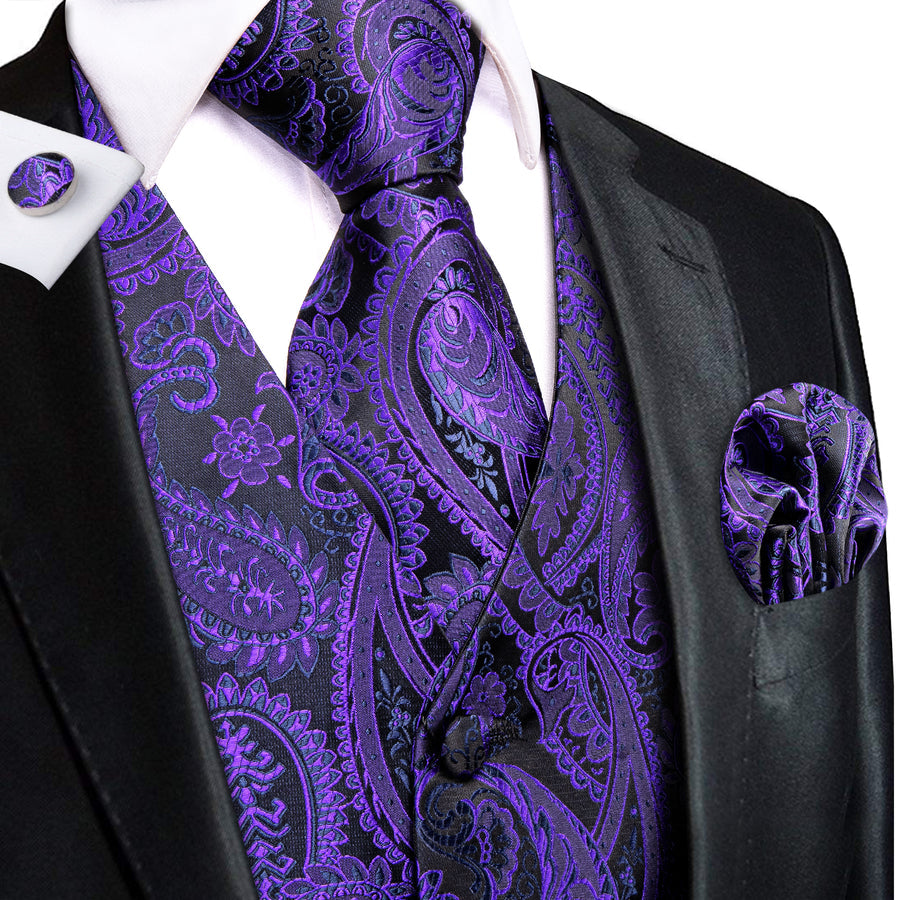 Purple and Black Paisley Silk Vest Set vest set S (Chest 40")   - Sophisticated Gentlemen