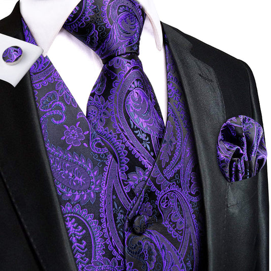 Purple and Black Paisley Silk Vest Set vest set S (Chest 40")   - Sophisticated Gentlemen