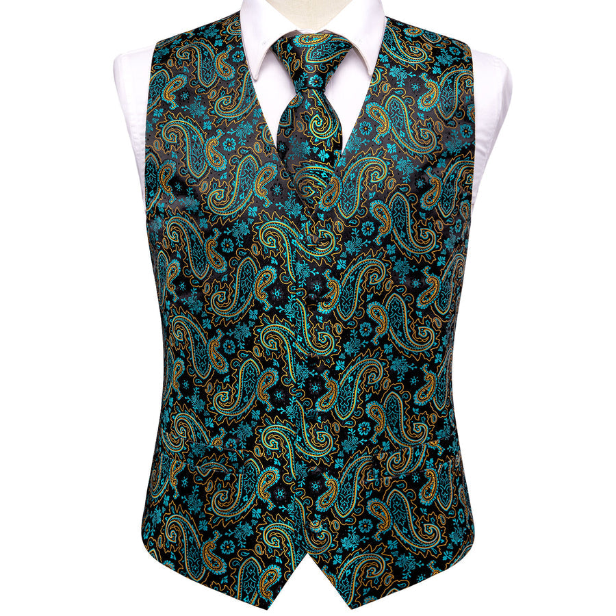 Midnight Black & Sapphire Blue Paisley Silk Vest Set vest set    - Sophisticated Gentlemen