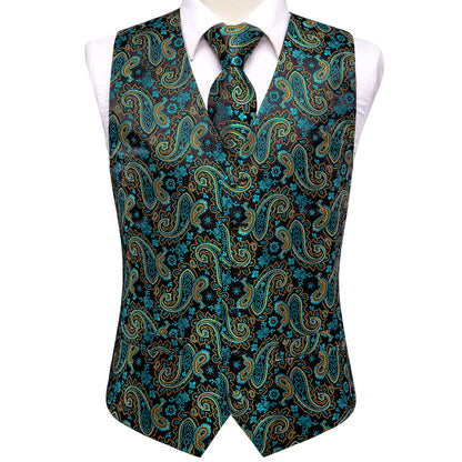Midnight Black & Sapphire Blue Paisley Silk Vest Set vest set    - Sophisticated Gentlemen