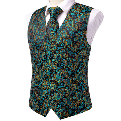 Midnight Black & Sapphire Blue Paisley Silk Vest Set vest set    - Sophisticated Gentlemen
