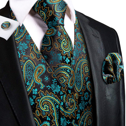 Midnight Black & Sapphire Blue Paisley Silk Vest Set vest set S (Chest 40")   - Sophisticated Gentlemen