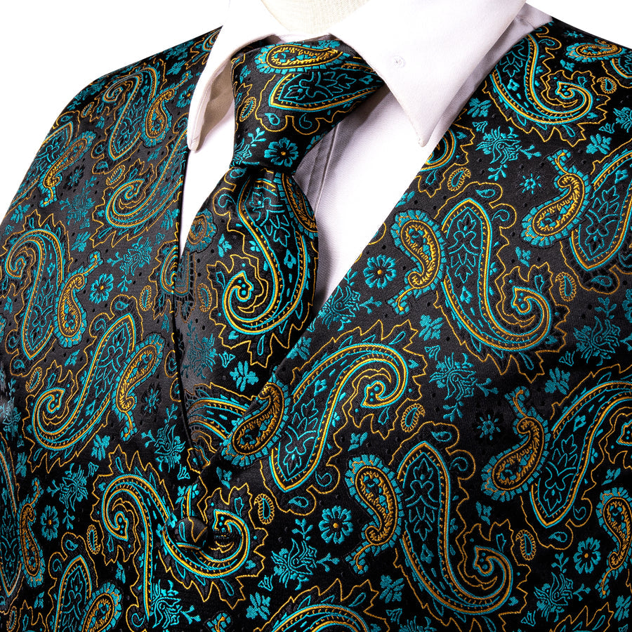 Midnight Black & Sapphire Blue Paisley Silk Vest Set vest set    - Sophisticated Gentlemen