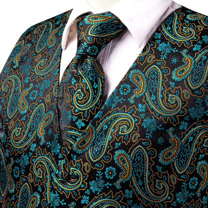 Midnight Black & Sapphire Blue Paisley Silk Vest Set vest set    - Sophisticated Gentlemen