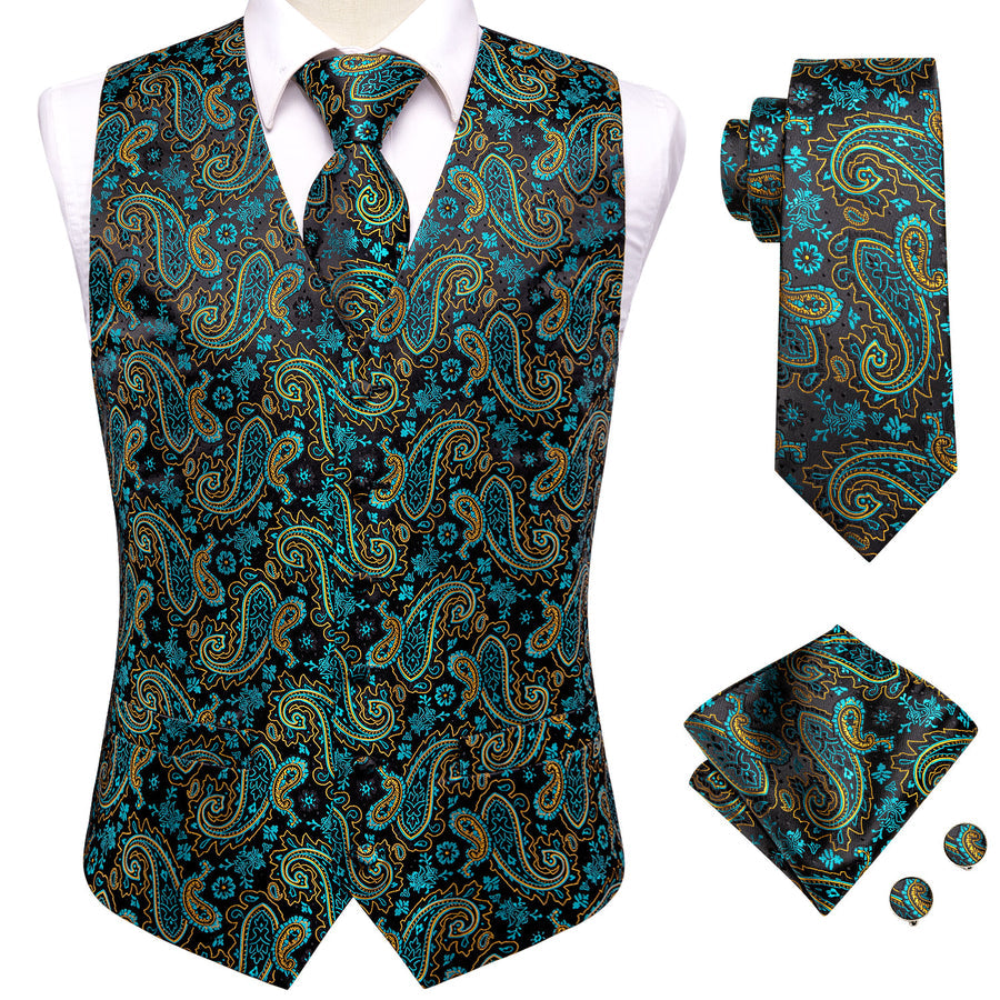 Midnight Black & Sapphire Blue Paisley Silk Vest Set vest set    - Sophisticated Gentlemen
