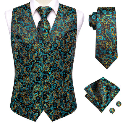 Midnight Black & Sapphire Blue Paisley Silk Vest Set vest set    - Sophisticated Gentlemen