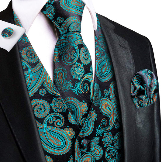 Forest Green & Charcoal Paisley Silk Vest Set vest set S (Chest 40")   - Sophisticated Gentlemen