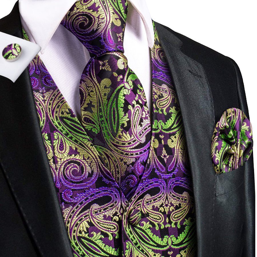 Emerald to Amethyst Gradient Paisley Silk Vest Set vest set S (Chest 40")   - Sophisticated Gentlemen