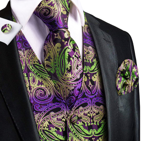 Emerald to Amethyst Gradient Paisley Silk Vest Set vest set S (Chest 40")   - Sophisticated Gentlemen