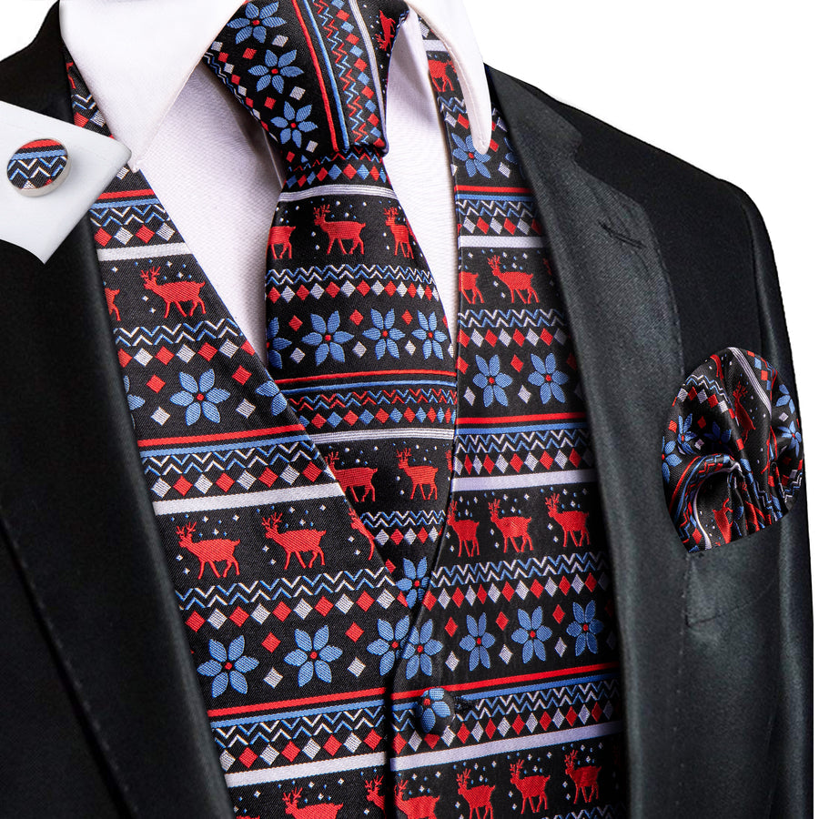 Black and Blue Jacquard Silk Vest Set with Red Christmas Deer Design