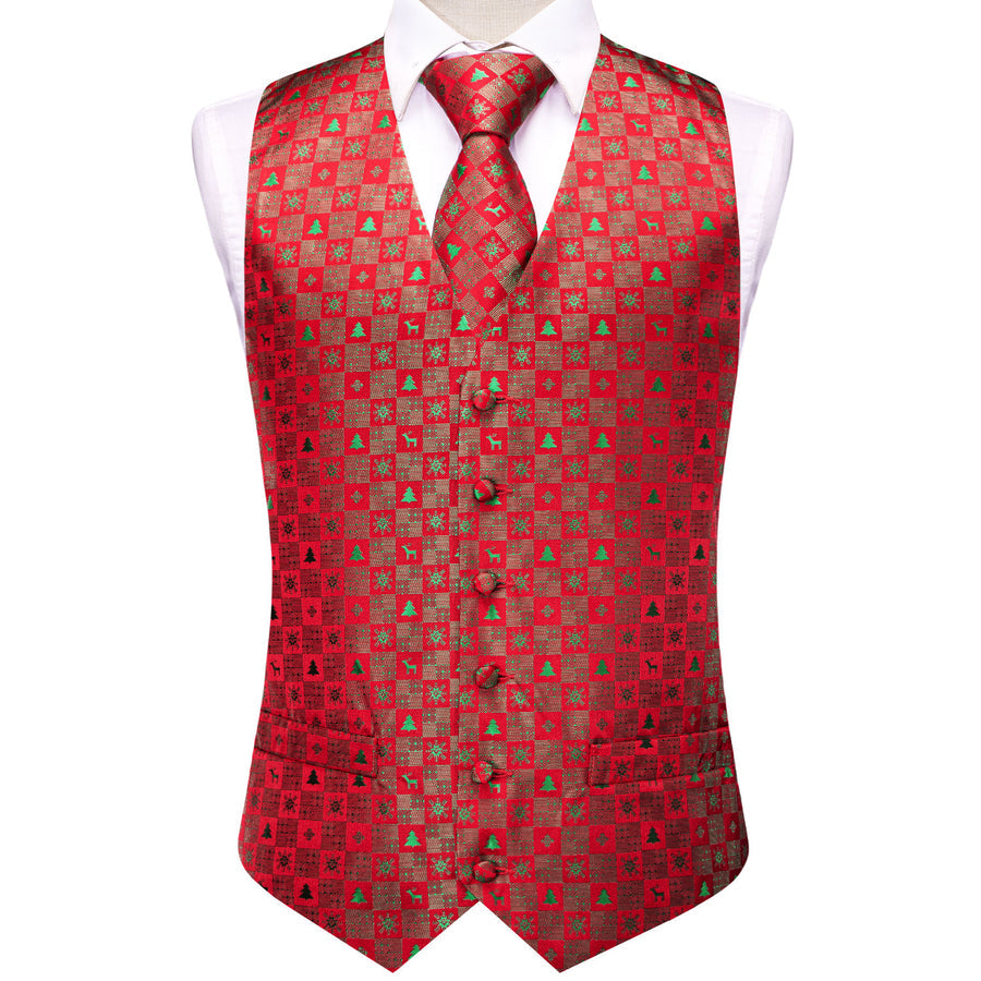 Christmas Red Green Deer Novelty Jacquard Silk Vest Set vest set    - Sophisticated Gentlemen