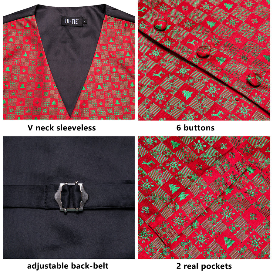 Christmas Red Green Deer Novelty Jacquard Silk Vest Set vest set    - Sophisticated Gentlemen