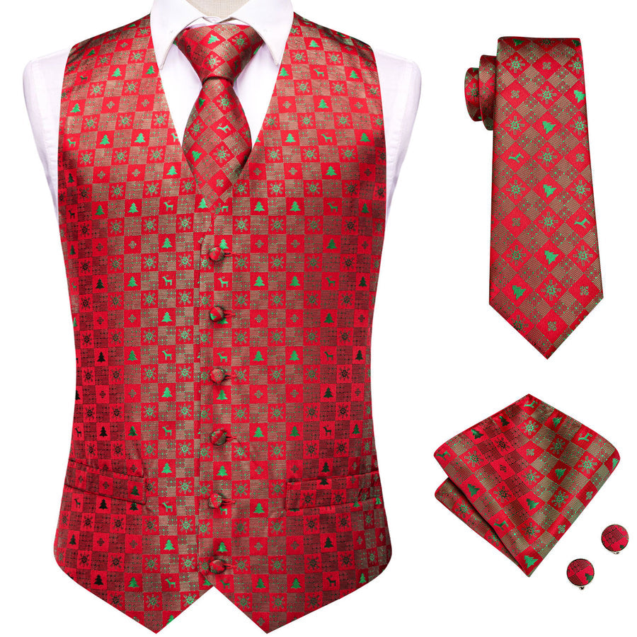 Christmas Red Green Deer Novelty Jacquard Silk Vest Set vest set    - Sophisticated Gentlemen