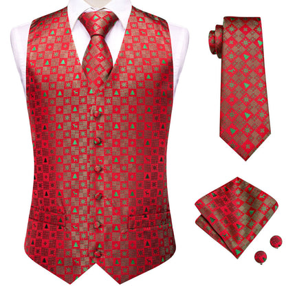 Christmas Red Green Deer Novelty Jacquard Silk Vest Set vest set    - Sophisticated Gentlemen