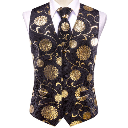 Black and Gold Floral Jacquard Silk Vest Set vest set - Sophisticated Gentlemen