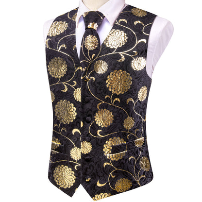Black and Gold Floral Jacquard Silk Vest Set vest set - Sophisticated Gentlemen