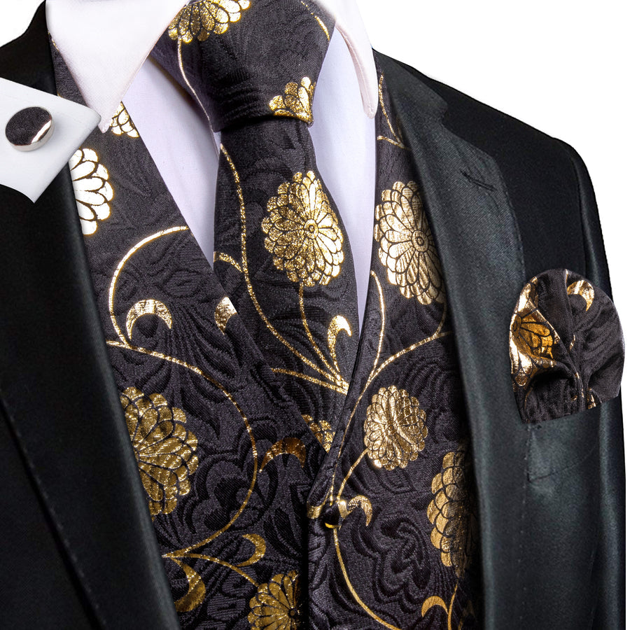 Black and Gold Floral Jacquard Silk Vest Set vest set S (Chest 40") - Sophisticated Gentlemen