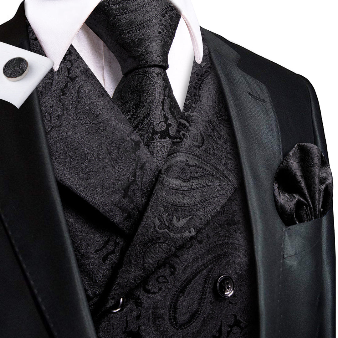 Black Paisley Jacquard Vest Set Vest set S (Chest 40)   - Sophisticated Gentlemen