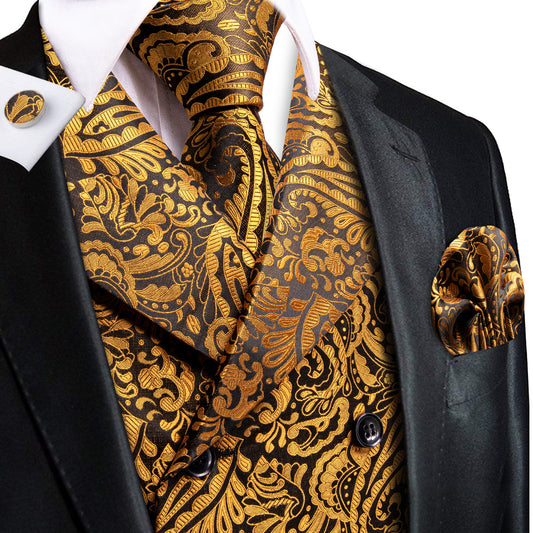 Yellow-Black Paisley Jacquard Vest Set Vest set S (Chest 40)   - Sophisticated Gentlemen