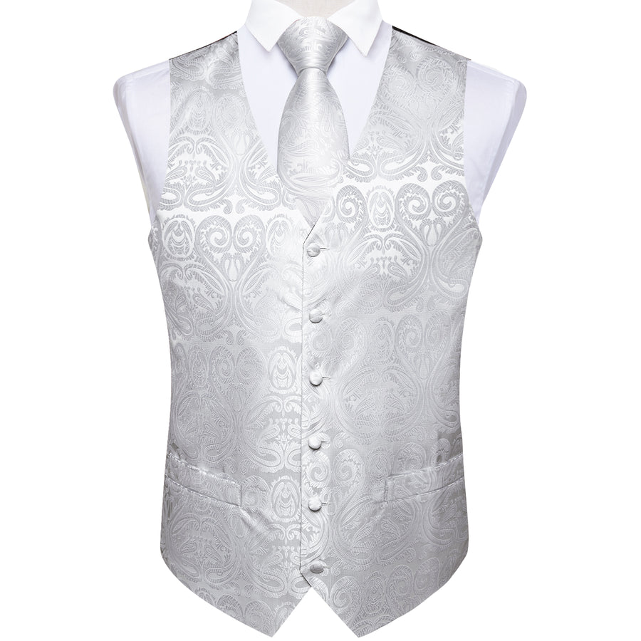 Pure White Paisley Jacquard Silk Vest Set vest set    - Sophisticated Gentlemen