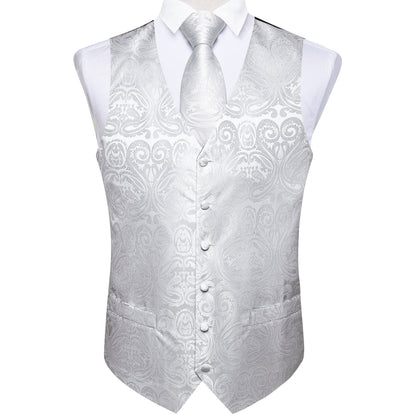 Pure White Paisley Jacquard Silk Vest Set vest set    - Sophisticated Gentlemen
