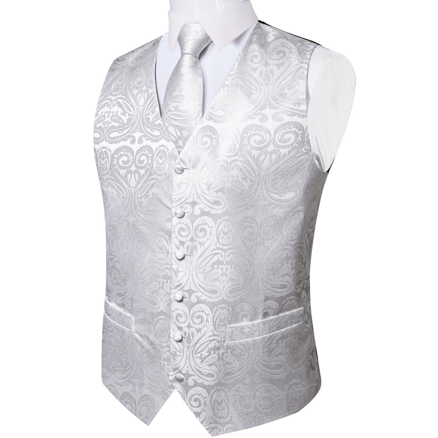 Pure White Paisley Jacquard Silk Vest Set vest set    - Sophisticated Gentlemen