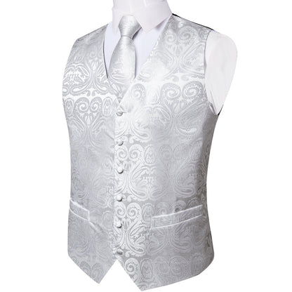 Pure White Paisley Jacquard Silk Vest Set vest set    - Sophisticated Gentlemen