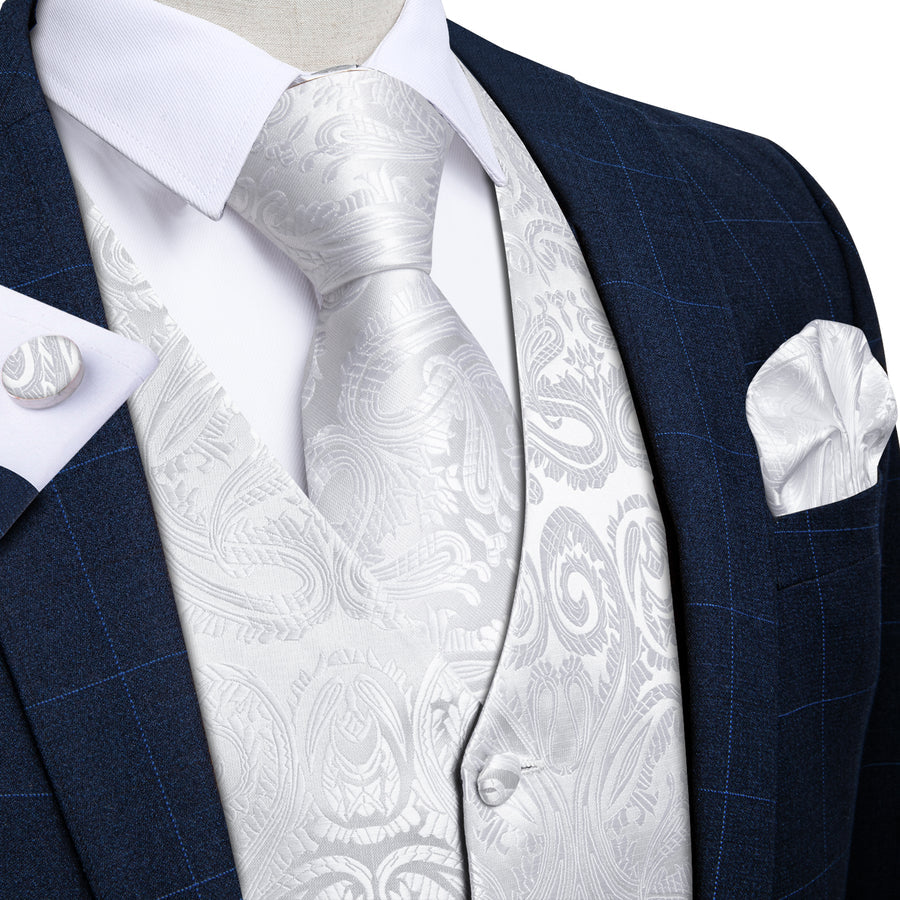 Pure White Paisley Jacquard Silk Vest Set vest set S (Chest 40")   - Sophisticated Gentlemen