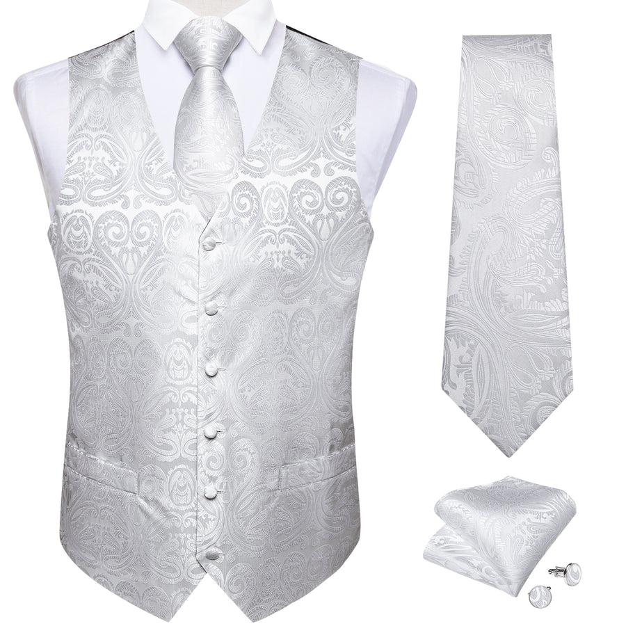 Pure White Paisley Jacquard Silk Vest Set vest set    - Sophisticated Gentlemen
